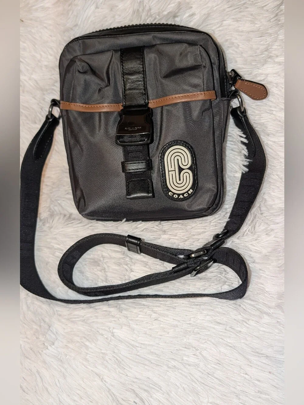 Coach Max Crossbody Bag C9836 Nylon Leather Black Brown GUC